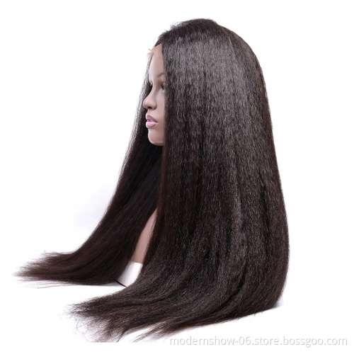 Wholesale Price Kinky Straight Hair Wig Natural Black 150 Density Yaki Human Hair Lace Frontal Wig With Baby Hair